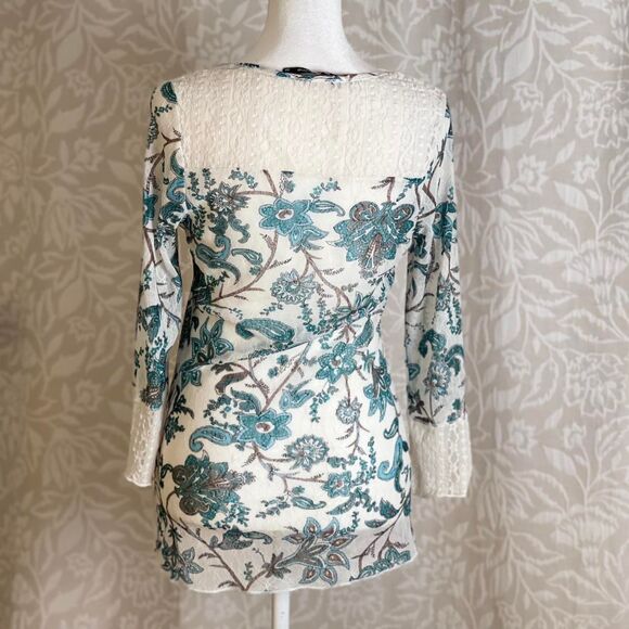 Talia Kume Green & White Paisley Mesh Sheer Henley Top Whimsygoth Grunge Size 8 - Picture 6 of 8
